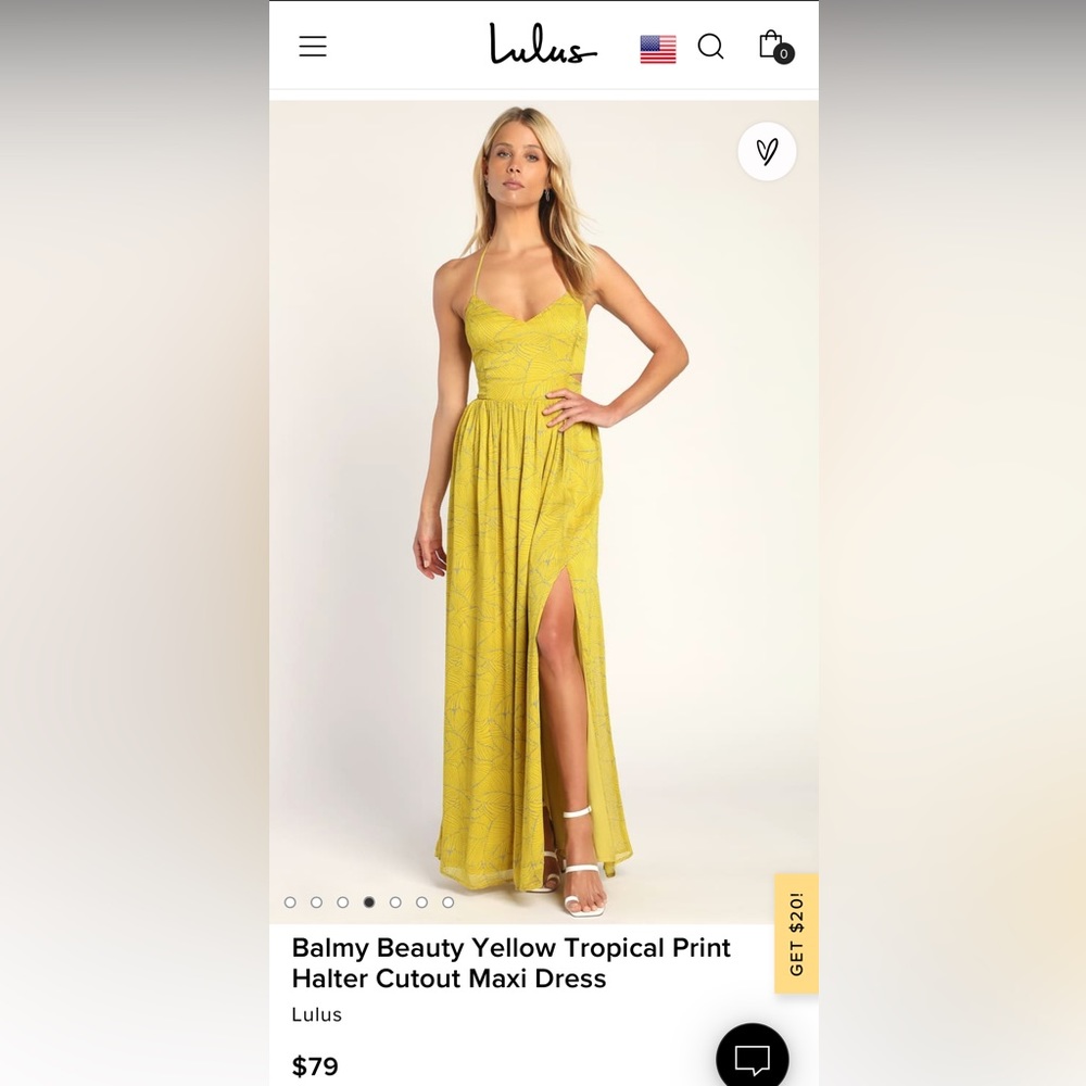 Lulus Balmy Beauty Yellow Tropical Print Halter Cutout Maxi Dress -L
